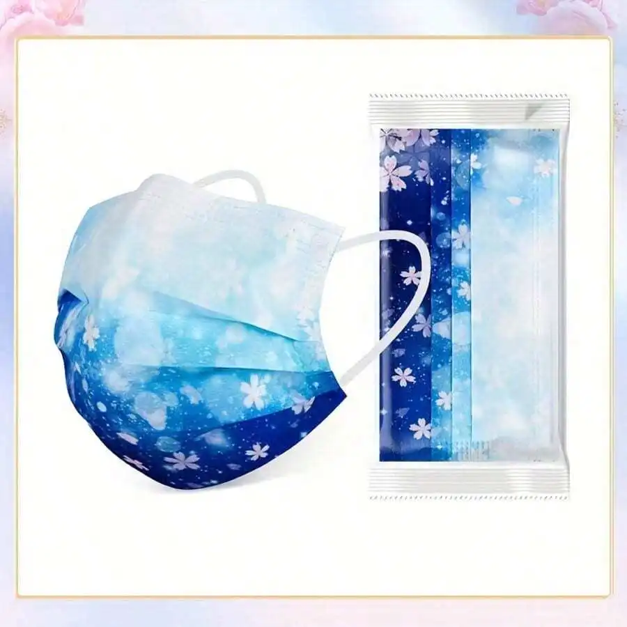 10pcs Floral Sakura Print 3-Pl - Disposable Mask Blue 评论和价格