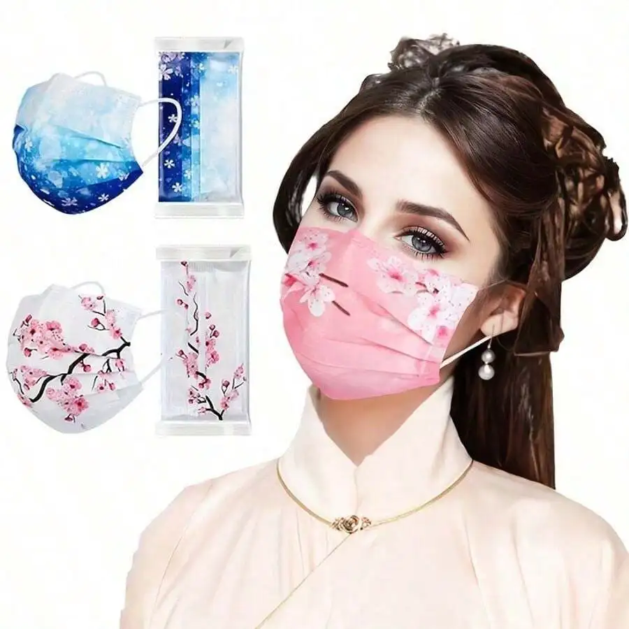 10pcs Floral Sakura Print 3-Pl - Disposable Mask Blue 评论和价格