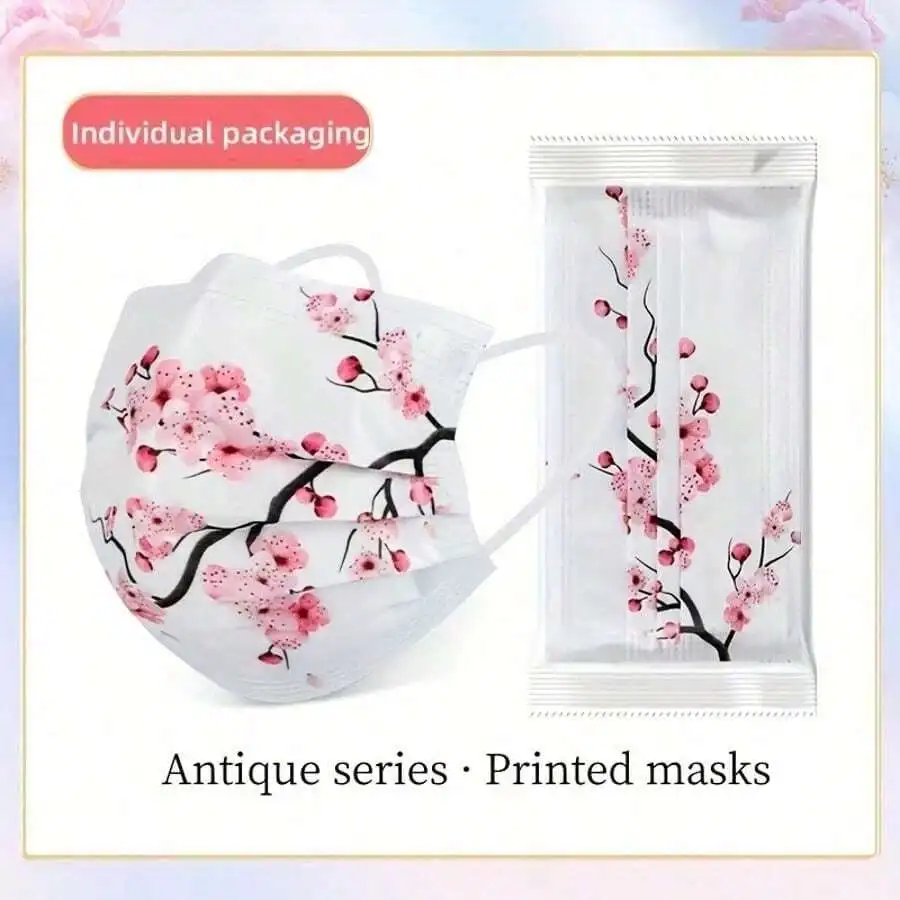 10pcs Floral Sakura Print 3-Pl - Disposable Mask Blue 评论和价格